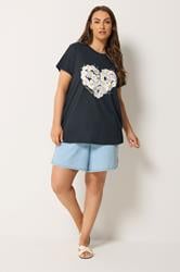 YOURS Plus Size Navy Daisy Heart Print T-Shirt | Yours Clothing 1