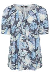 YOURS blusa azul con estampado de hojas de palmera y lazada al cuello
