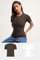 PixieGirl Petite Women's 2 PACK White and Chocolate Brown Ribbed Top | PixieGirl 3