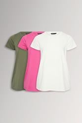 YOURSET 3 PACK Plus Size Khaki Green & Pink Core T-Shirts | Yours Clothing 3