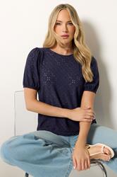LTS Tall Women's Navy Blue Broderie Anglaise Puff Sleeve Top | Long Tall Sally 3