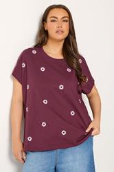 YOURS Plus Size Burgundy Red Embroidered Daisy T-Shirt | yours Clothing 3