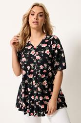 YOURS Plus Size Black Floral Pleat Front Short Sleeve Top | Yours Clothing 3