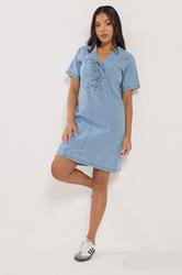 PixieGirl Petite Women's Light Blue Lace Up Denim Mini Dress | PixieGirl 1
