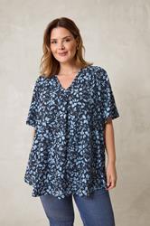 EVANS Plus Size Blue Floral Print Pleat Front Top | Evans 1