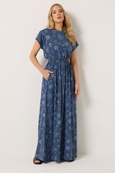 LTS Tall Women's Blue Floral Shirred Waist Cotton Maxi Dress | Long Tall Sally 1