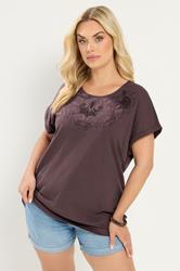 YOURS Plus Size Brown Broderie Anglaise Grown On Sleeve T-Shirt | Yours Clothing 3