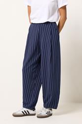 PixieGirl Petite Womens Navy Blue Stripe Barrel Leg Trousers | PixieGirl 1