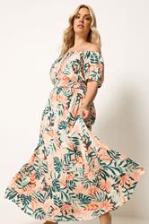 YOURS Plus Size Cream Leaf Tie Neck Bardot Maxi Dress | Yours Clothing 1
