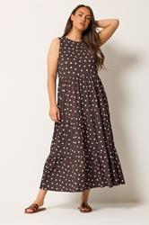YOURS Plus Size Chocolate Brown Polka Dot Tiered Maxi Dress | Yours Clothing 1