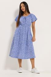 M&Co Petite Blue Leaf Print Tie Neck Cotton Midi Dress | M&Co 1