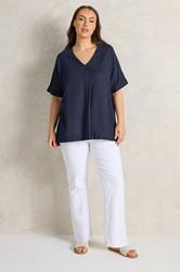 EVANS Plus Size Navy Blue Premium Linen Front Pleat Top | Evans  2
