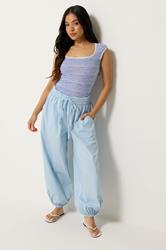 PixieGirl Petite Women's Light Blue Cotton Poplin Barrel Leg Trousers | PixieGirl 3