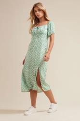 PixieGirl Petite Women's Mint Green Floral Tie Front Midi Dress | PixieGirl 3