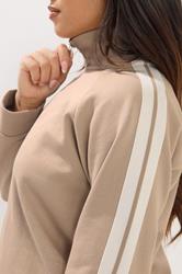 PixieGirl Petite Women's Natural Brown Stripe Quarter Zip Sweatshirt | PixieGirl 4