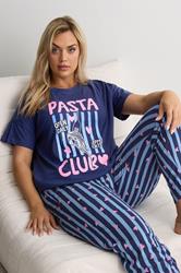 YOURS Plus Size Navy Blue 'Pasta Club' Wide Leg Striped Pyjama Set | Yours Clothing 1