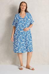EVANS Plus Size Blue Premium Linen Leaf Print Shift Dress | Evans 2