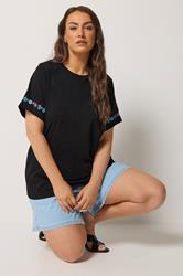 YOURS Plus Size Black Embroidered Floral Sleeve Detail T-Shirt | Yours Clothing 3