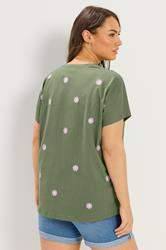 YOURS Plus Size Khaki Green Embroidered Daisy T-Shirt | Yours Clothing 1