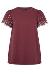 YOURS Curve Burgundy Red Embroidered Sleeve T-Shirt