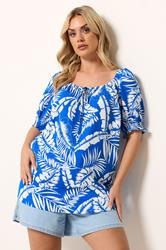 YOURS Plus Size Dark Blue Palm Leaf Tie Neck Blouse | Yours Clothing 3