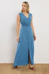 LTS Tall Women's Mid Blue Shirred Waist Maxi Dress | Long Tall Sally 2