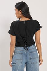 PixieGirl Petite Women's Black Cotton Lace Up Cheesecloth Top | PixieGirl 2