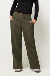 PixieGirl Petite Women's Olive Green Button Tab Detail Wide Leg Trousers | PixieGirl 1