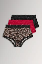 YOURS - Set van drie paar tailleslips met luipaardprint en kant in zwart/rood