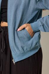 PixieGirl Petite Women's Blue Linen Bomber Jacket | PixieGirl 4