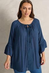 EVANS Plus Size Navy Blue Crochet Detail Tie Neck Blouse | Evans  1