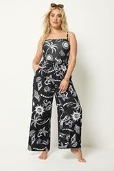 YOURS Plus Size Black Summer Print Crinkle Beachwear Wide Leg Trousers | Yours Clothing 3