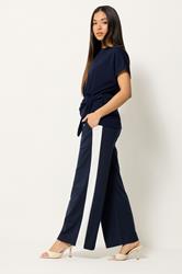 M&Co Petite Navy Blue Side Stripe Wide Leg Trousers | M&Co 1