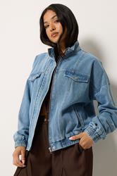 PixieGirl Petite Women's Mid Blue Funnel Neck Denim Trucker Jacket | PixieGirl 3