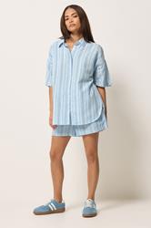PixieGirl Petite Women's Blue Stripe Cotton Short Sleeve Shirt | PixieGirl 1