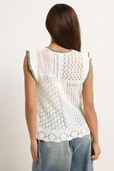 PixieGirl Petite Women's Ivory White & Sage Green Crochet Vest Top | PixieGirl 2
