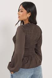 PixieGirl Petite Women's Chocolate Brown Shirred Long Sleeve Shirt | PixieGirl 2