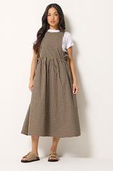 PixieGirl Petite Women's Brown Gingham Tie Side Pinafore Dress | PixieGirl 1