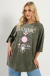 YOURS Plus Size Green Acid Wash 'Cosmic' Oversized T-Shirt | Yours Clothing 3