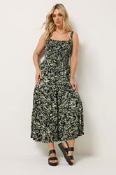 YOURS Plus Size Black Shirred Floral Midi Dress | Yours Clothing 1