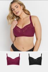 M&Co 2 PACK Black & Burgundy Red Cotton Lace Trim Bras | M&Co 1