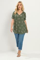 YOURS Plus Size Green Floral Notch Neck Blouse | Yours Clothing 1