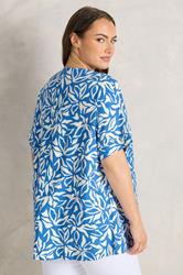 EVANS Plus Size Blue Leaf Print Premium Linen Front Pleat Top | Evans 2