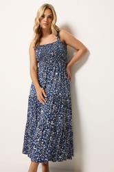 YOURS Plus Size Blue Ditsy Floral Shirred Midi Dress | Yours Clothing 3