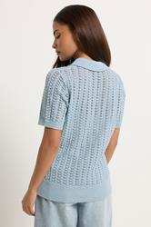 PixieGirl Petite Women's Light Blue Crochet Polo Top | PixieGirl 5