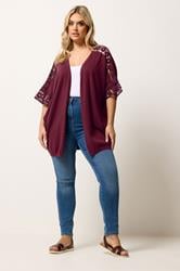 YOURS Plus Size Burgundy Red Crochet Sleeve Kimono | Yours Clothing 1