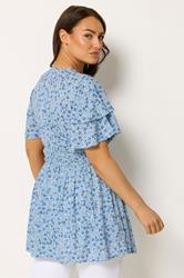 YOURS Plus Size Blue Ditsy Floral Flutter Sleeve Top | Yours Clothing 2