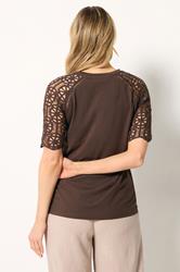 LTS Tall Women's Chocolate Brown Crochet Raglan Cotton T-Shirt | Long Tall Sally 2