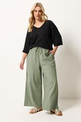 YOURS Plus Size Khaki Green Crochet Detail Linen Trousers | Yours Clothing 1