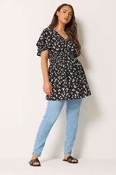 YOURS Plus Size Black Daisy Flutter Sleeve Top | Yours Clothing 1